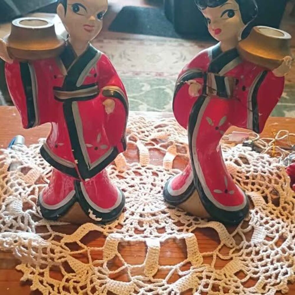 Vintage Ceramic Asian Figurine Candle Holders - Pair